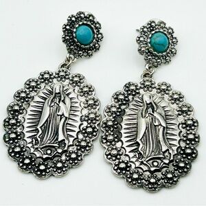 Our Lady of Guadalupe,Virgin Mary Rustic Silver Tone Western Earrings